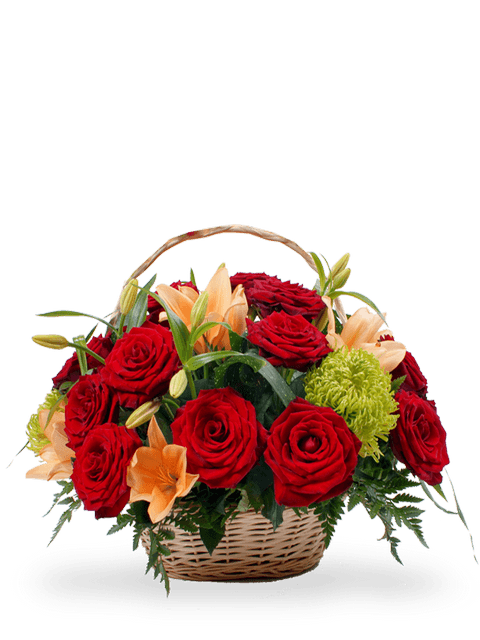 Cesto di Rose Rosse e Lilium