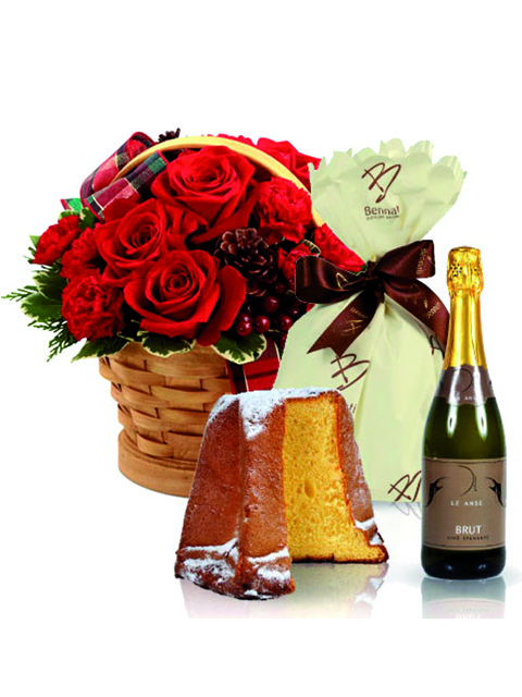 Cesto natalizio con rose rosse spumante e pandoro