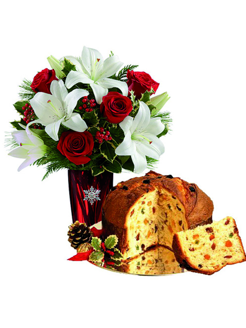 Mazzo di rose lilium e panettone